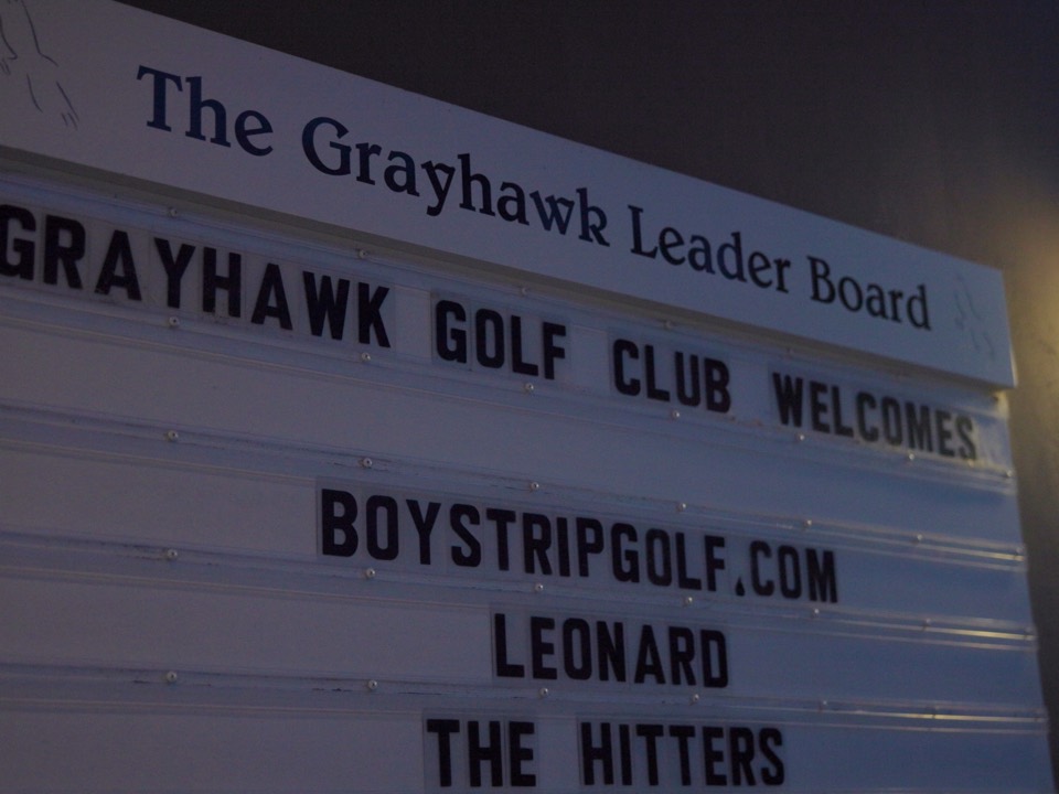 The Grayhawk leaderboard sign welcoming boystripgolf.com